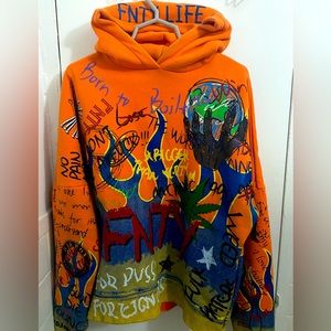 FNTY Flying Ninety Hoodie Size Large Graphic Orange Multicolor Urban Lettering